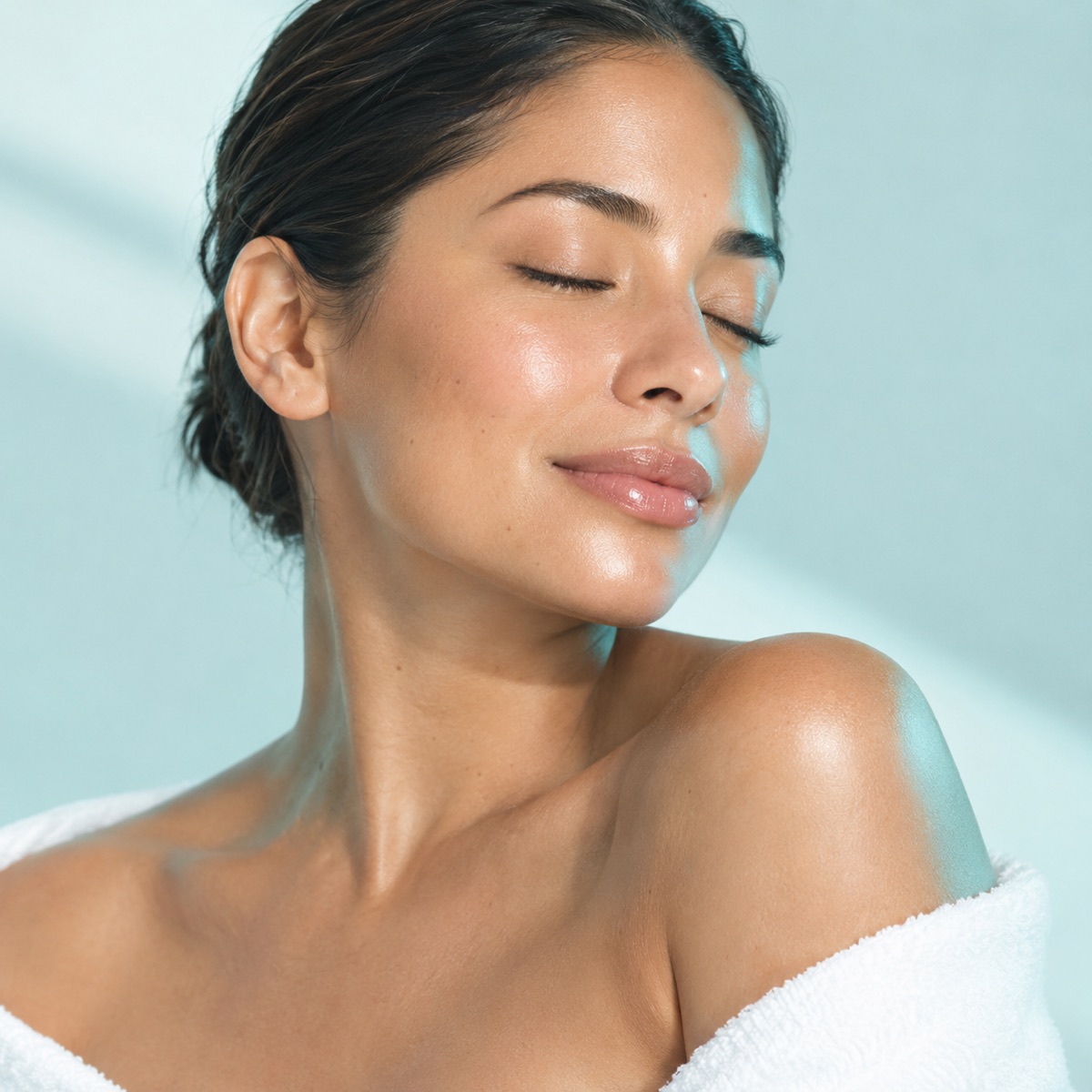 A woman with glowing skin relaxing in a soft robe