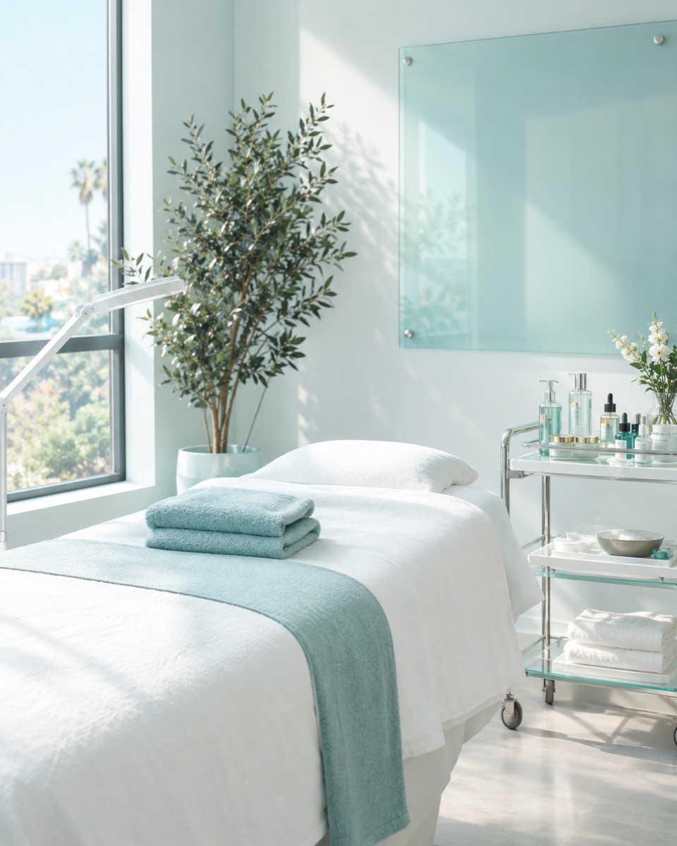A bright treatment room with a made-up bed, soft aqua towels and a sunny window